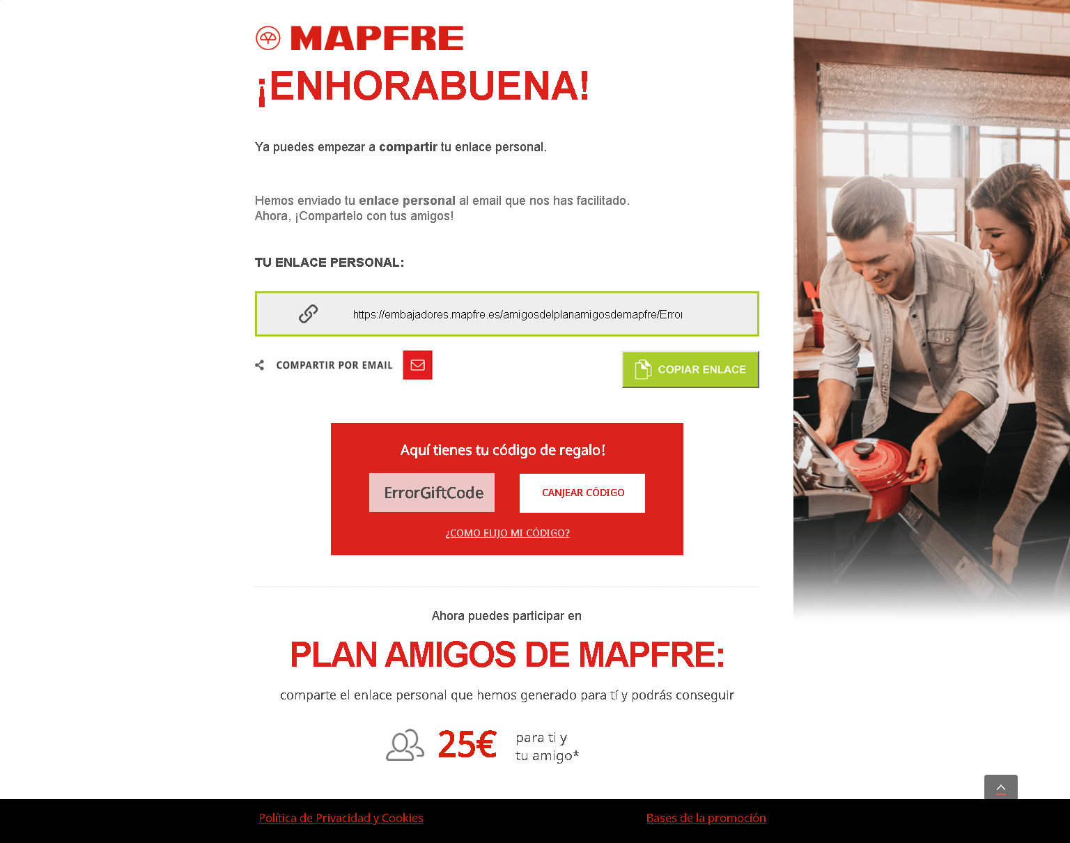 Pantalla de confirmación de Plan Amigos de MAPFRE con el enlace personal