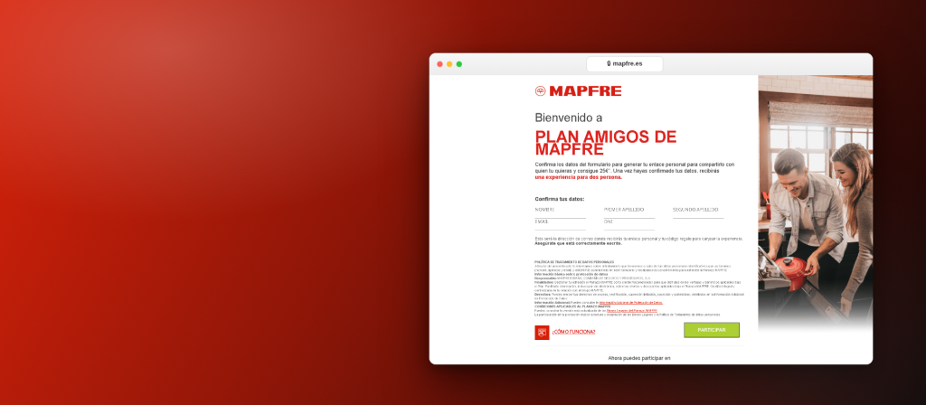 Landing de Plan Amigos de MAPFRE en una ventana de navegador sobre fondo degradado rojo