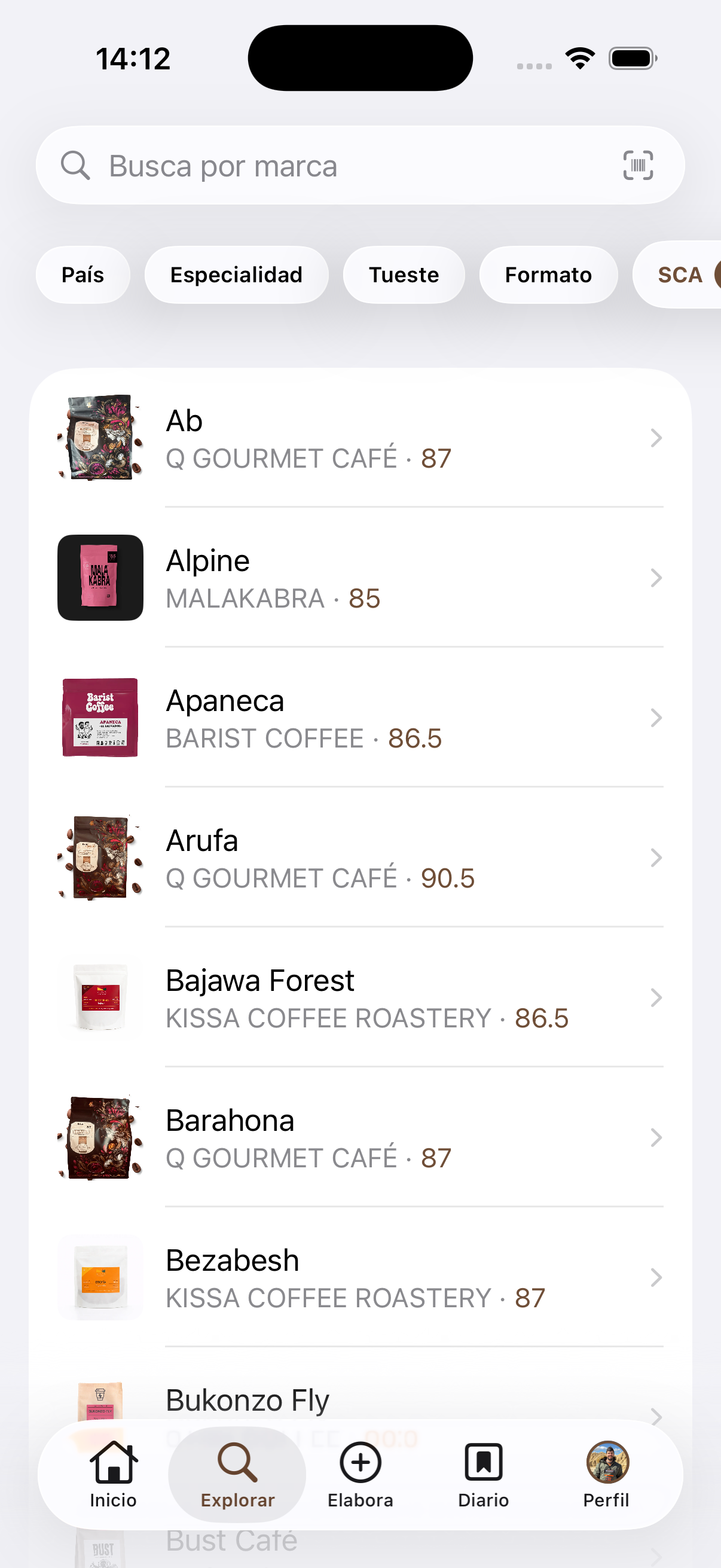 Buscador de cafés de especialidad en la app de Cafesito