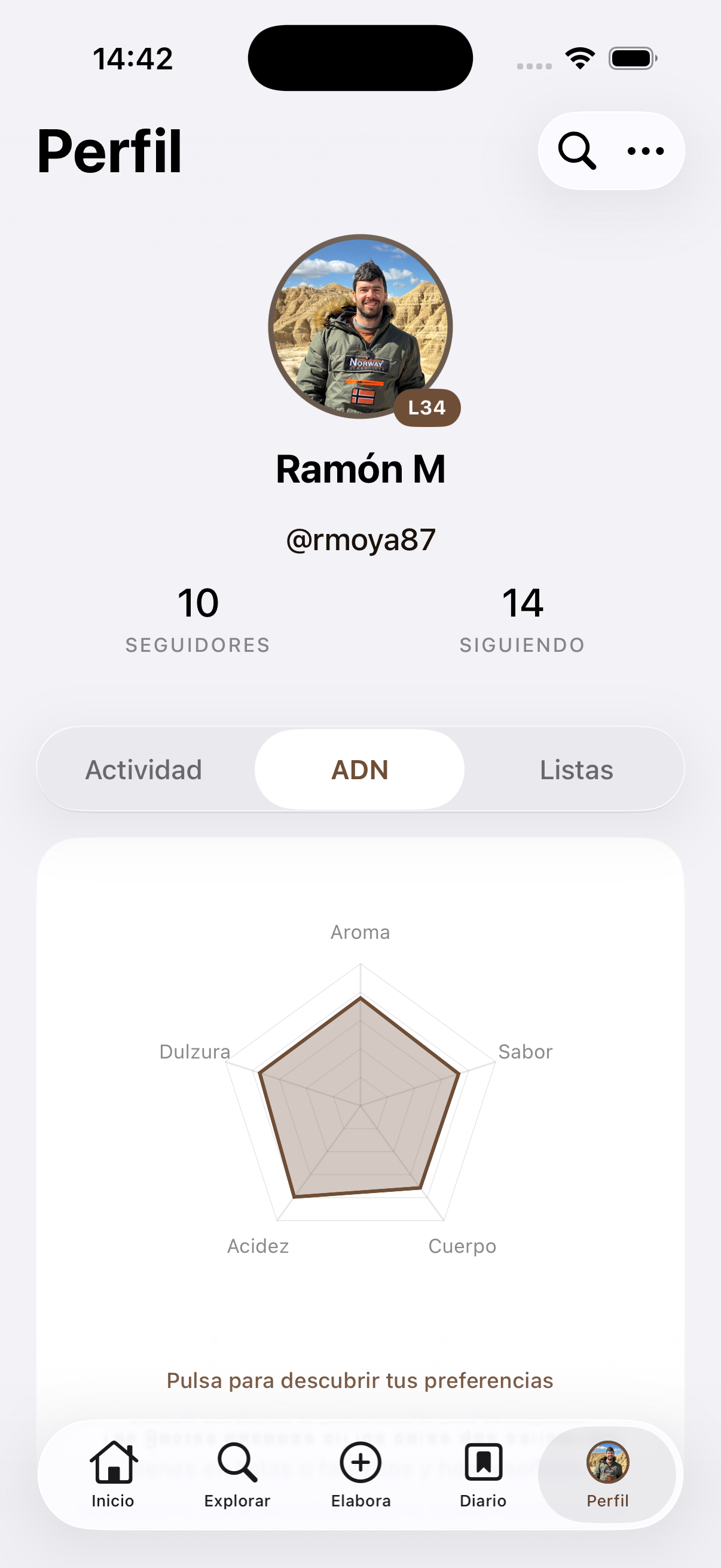 Perfil de usuario en la app de Cafesito