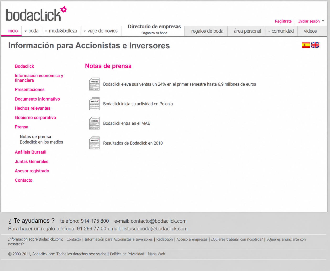 Bodaclick press releases page for investors