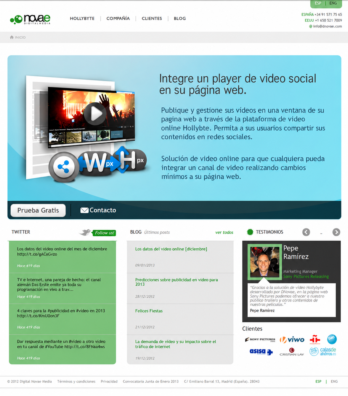 Digital Novae Media home page with its social video player and news.