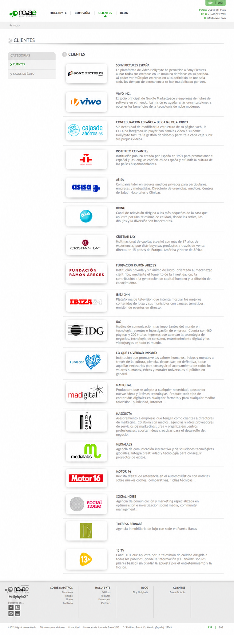 Digital Novae Media clients page with brands and a description of each client.