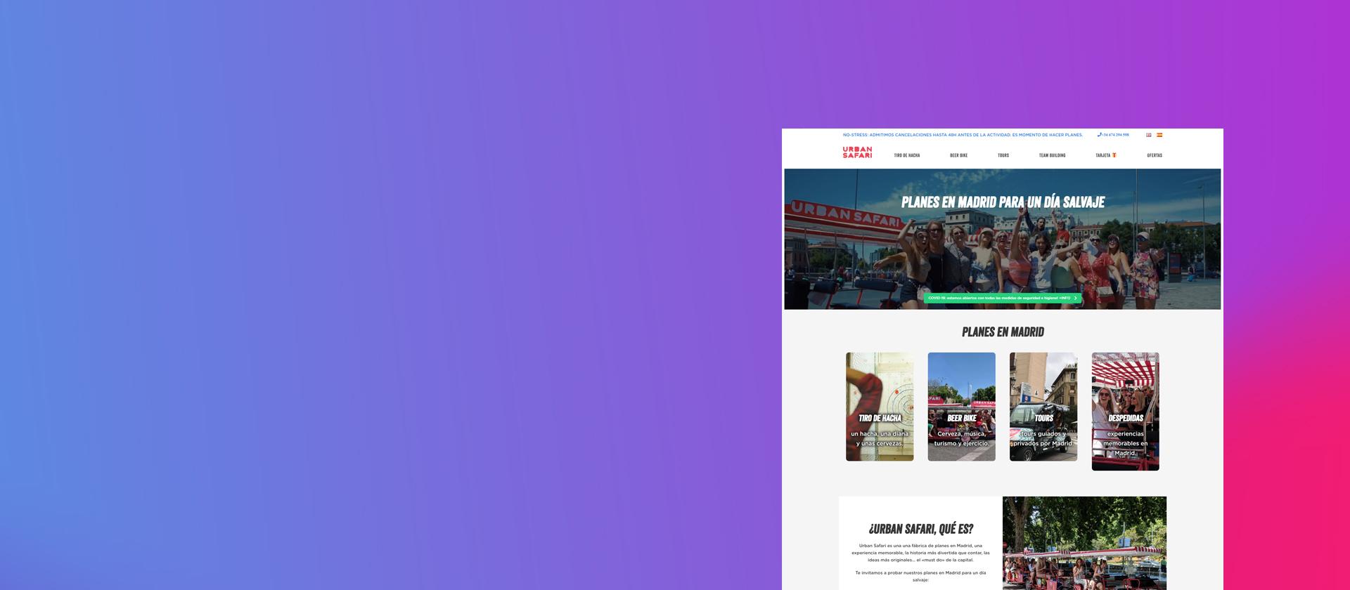 Urban Safari website in a browser window on a blue and pink gradient background