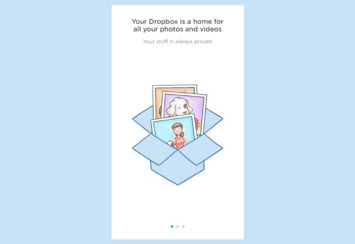 Dropbox welcome screen explaining photo and video storage.