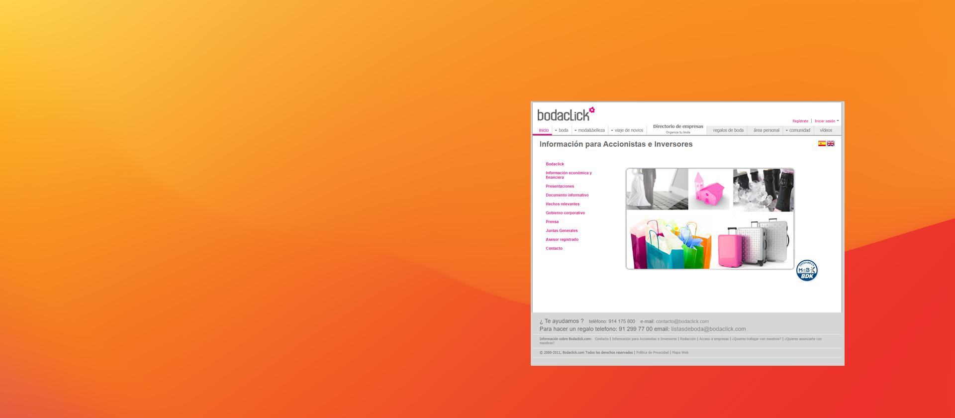 Bodaclick shareholder website in a browser window on an orange gradient background