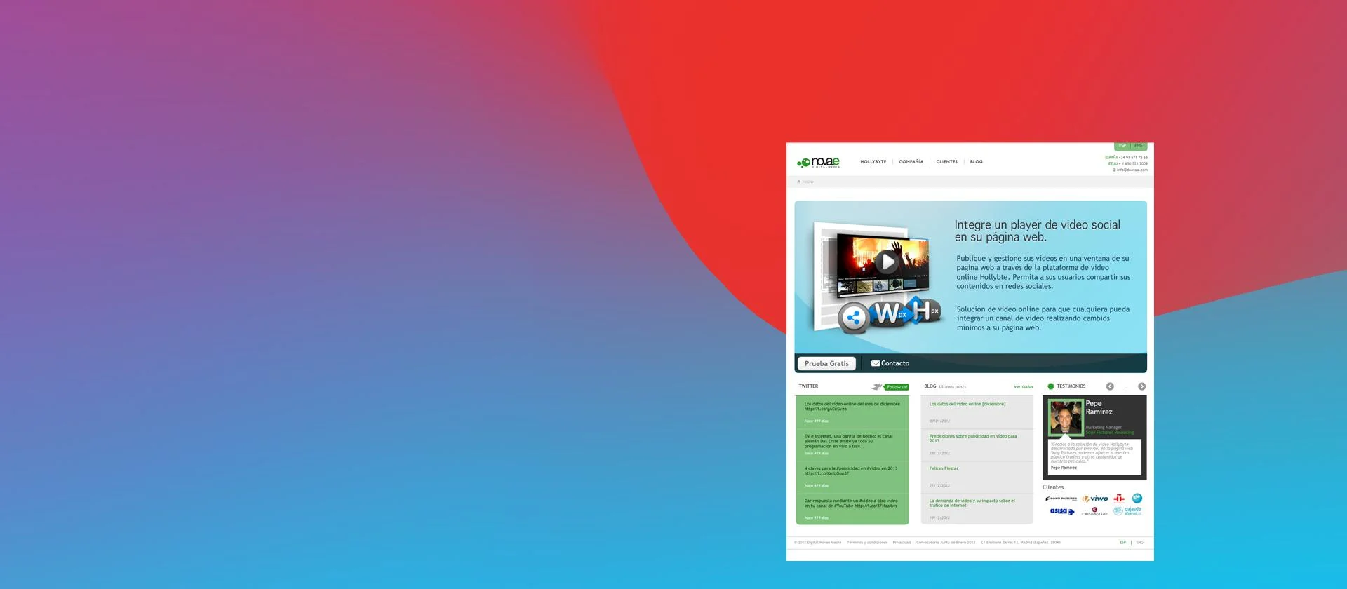 Digital Novae Media website in a browser window on a red and blue gradient background