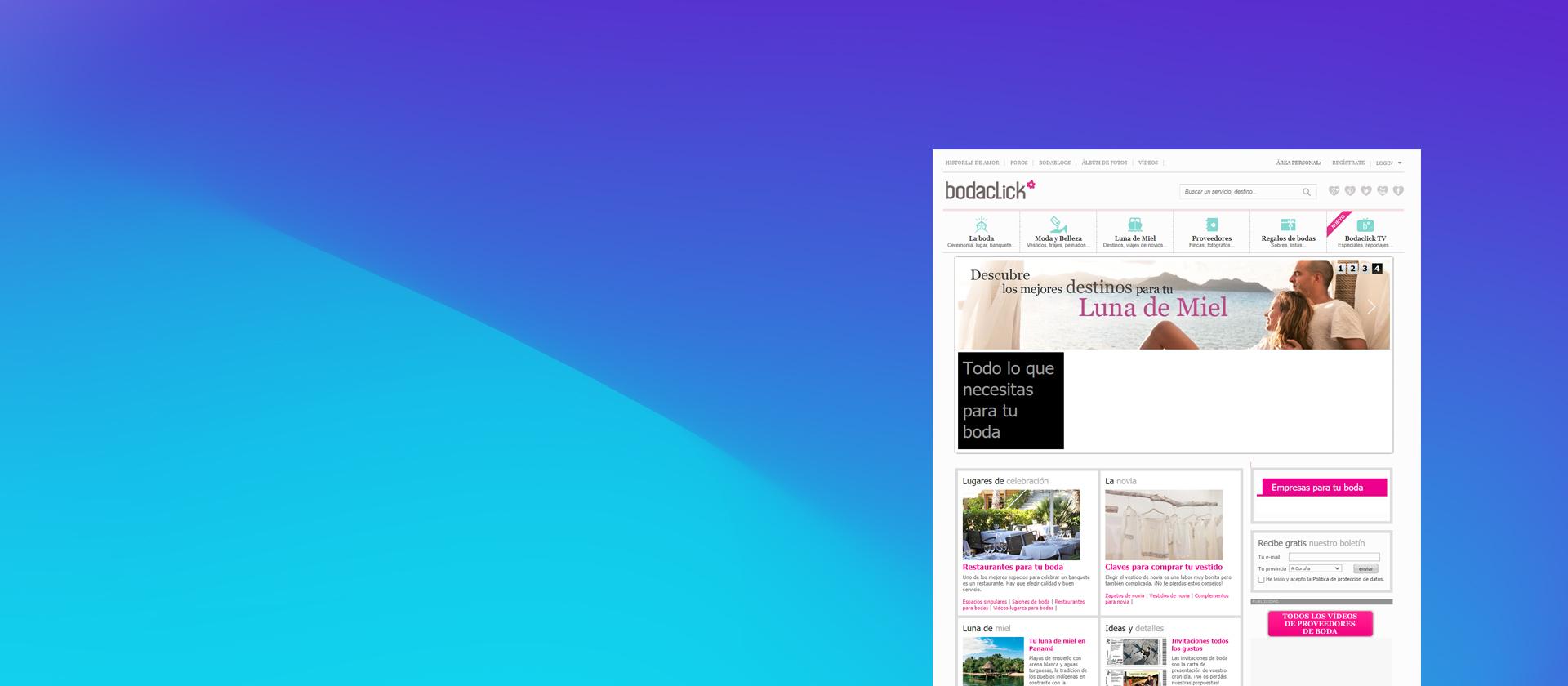 Bodaclick website on a blue gradient background