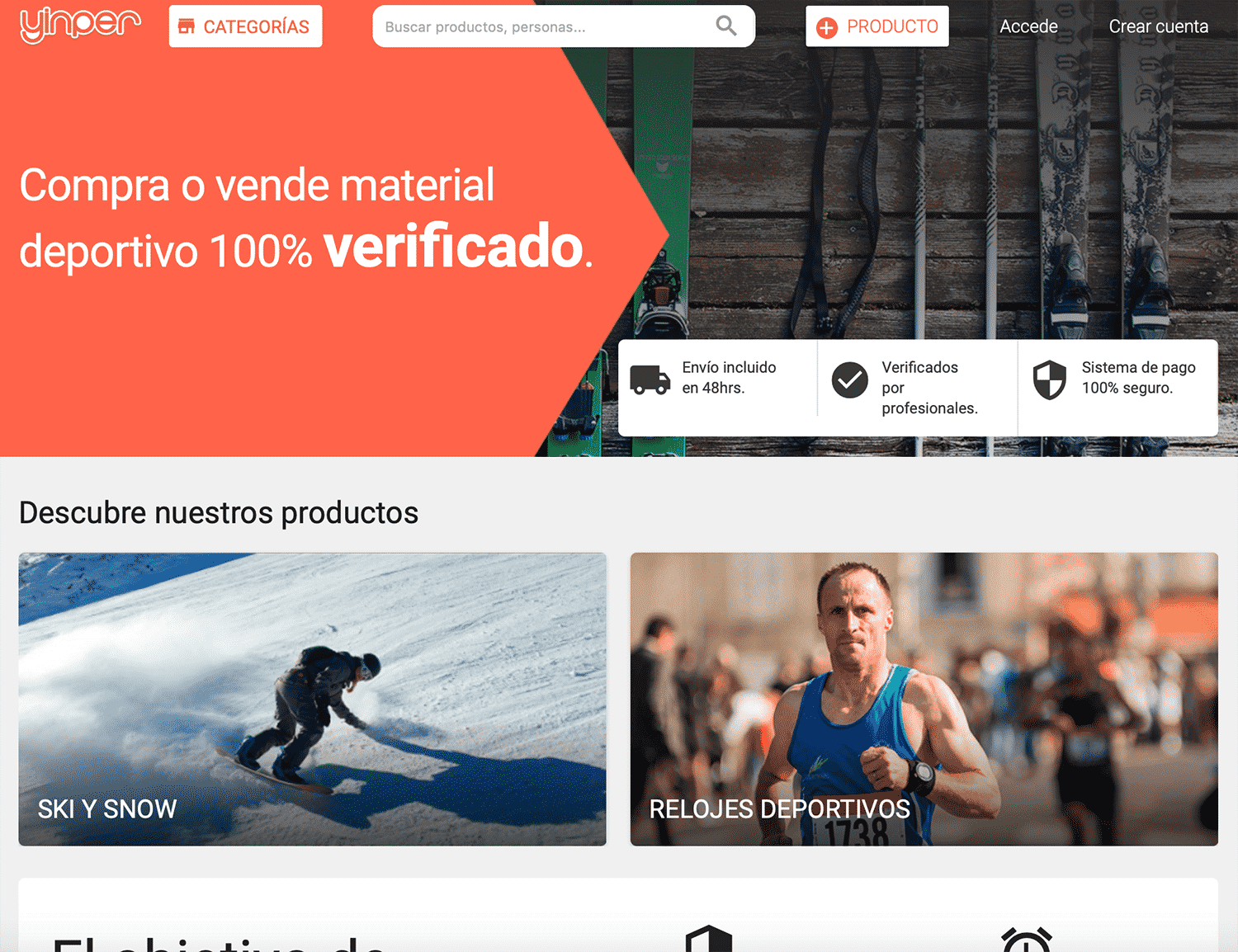 Yinper home page, a marketplace for verified sports equipment