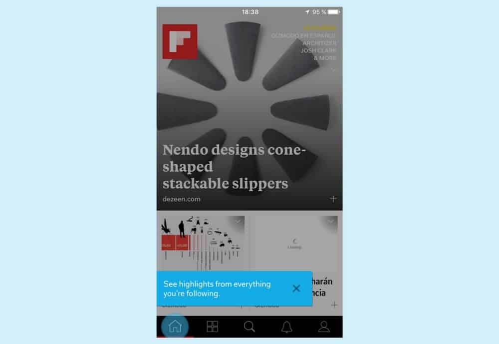 Flipboard contextual help showing how to view stories from followed profiles.