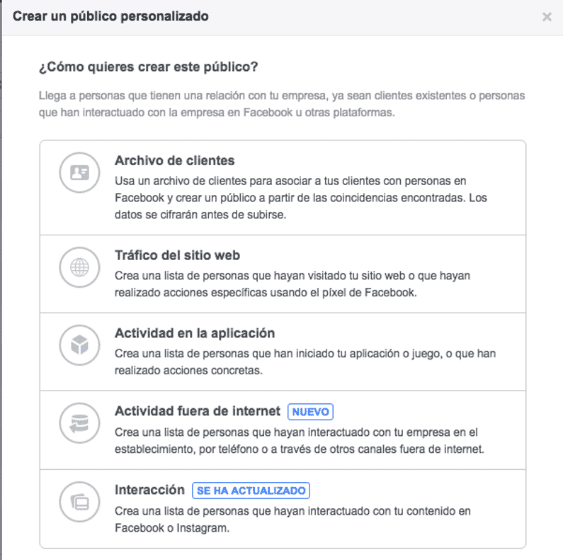 Create custom audience Facebook Ads