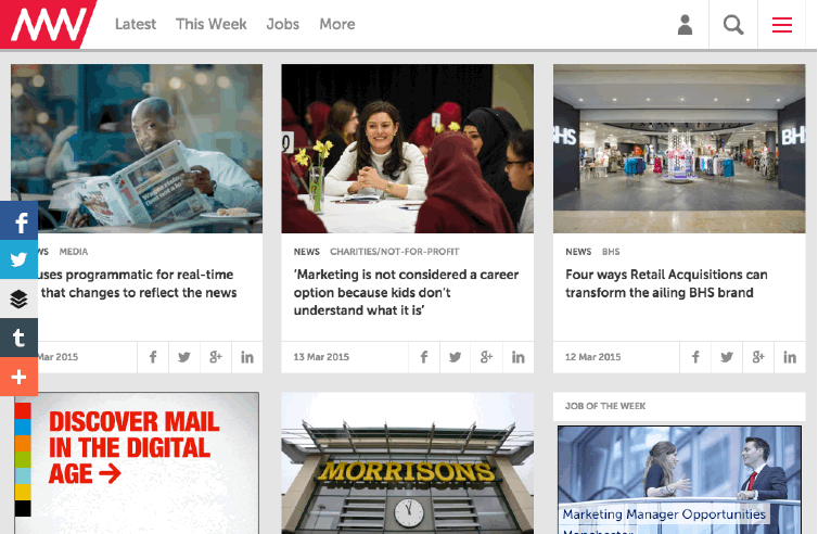 Hidden navigation menu on a page with news cards.