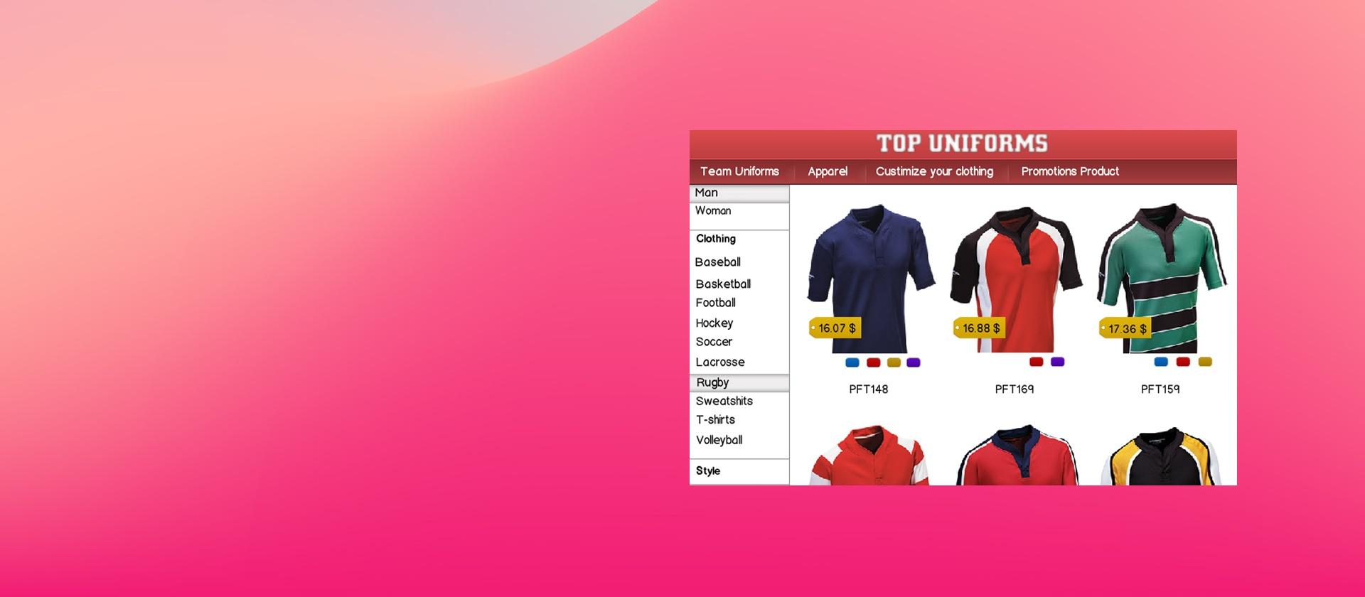 Top Uniforms store in a browser window on a pink gradient background