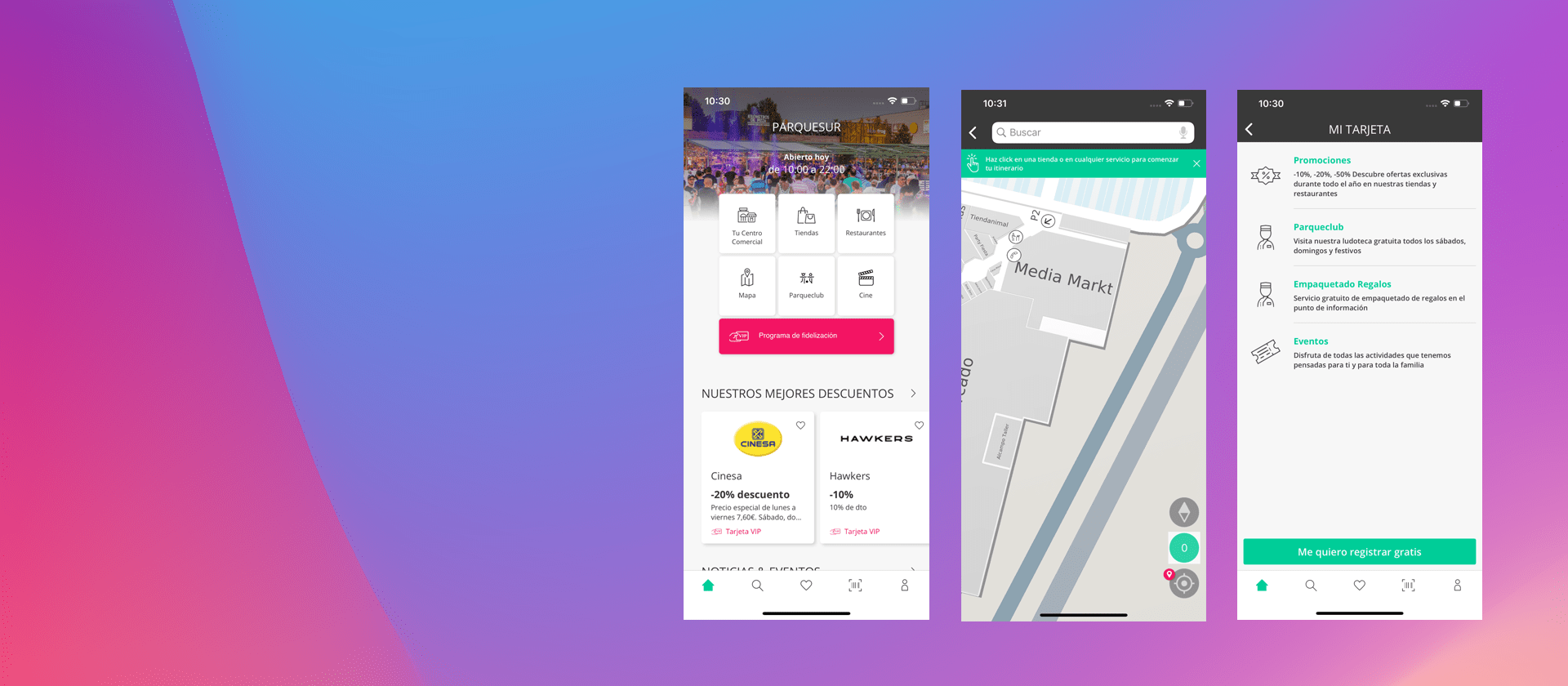 Three screens of the shopping centre app on a pink and violet gradient background