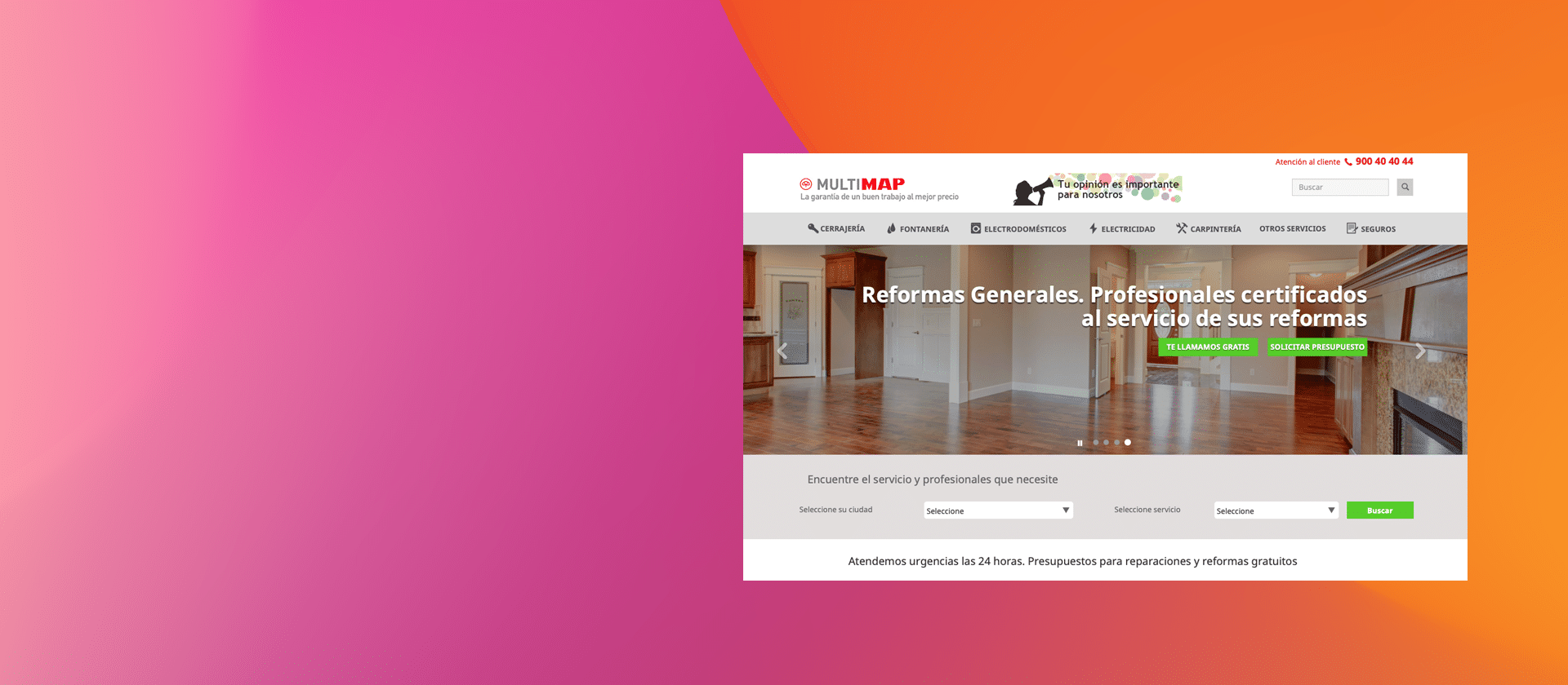 Multimap website in a browser window on a pink and orange gradient background
